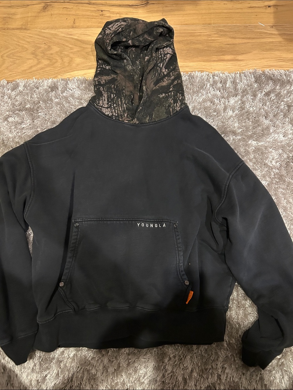 YoungLA Black Crewneck Hoodie with Camo Hood